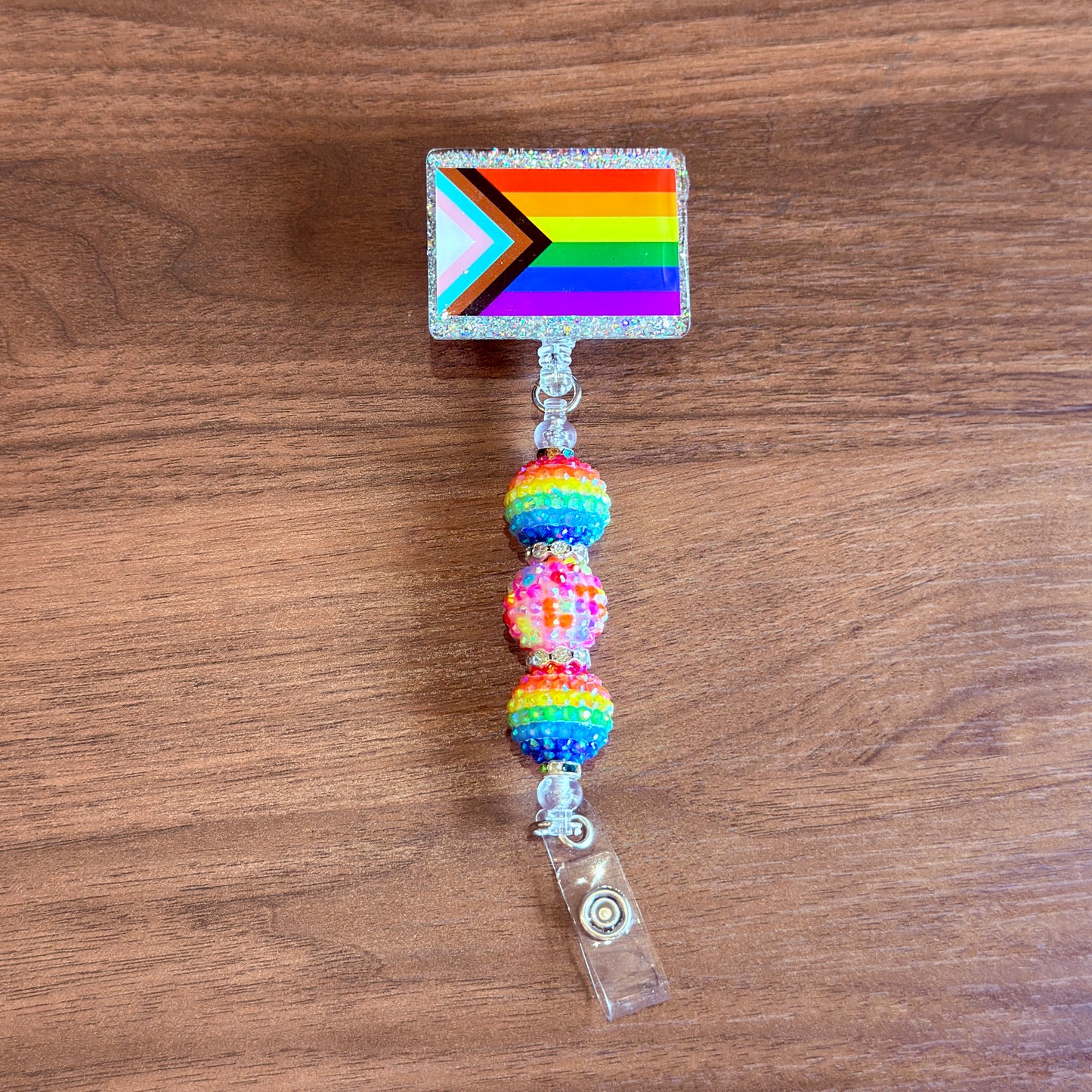 Rainbow Progress Pride Acrylic Beaded Badge Reel - LGBT Interchangeable ID Clip