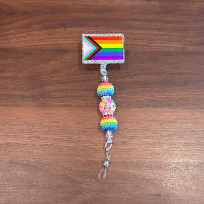 Rainbow Progress Pride Acrylic Beaded Badge Reel - LGBT Interchangeable ID Clip