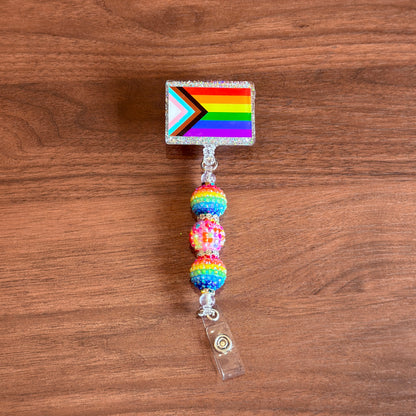 Rainbow Progress Pride Acrylic Beaded Badge Reel - LGBT Interchangeable ID Clip