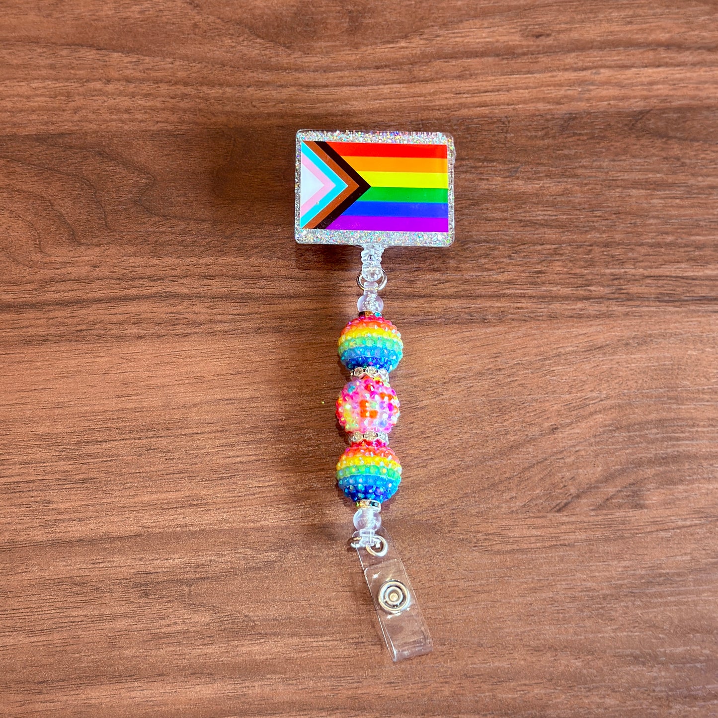 Rainbow Progress Pride Acrylic Beaded Badge Reel - LGBT Interchangeable ID Clip