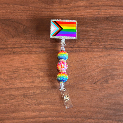 Rainbow Progress Pride Acrylic Beaded Badge Reel - LGBT Interchangeable ID Clip