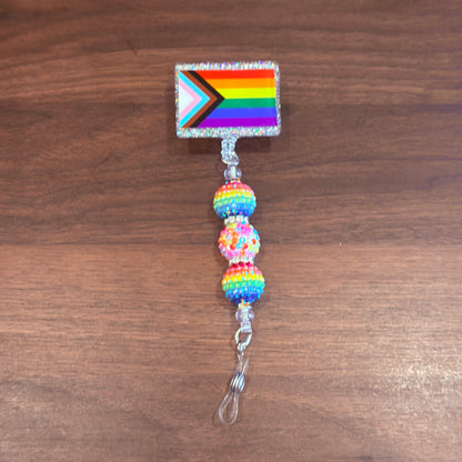 Rainbow Progress Pride Acrylic Beaded Badge Reel - LGBT Interchangeable ID Clip