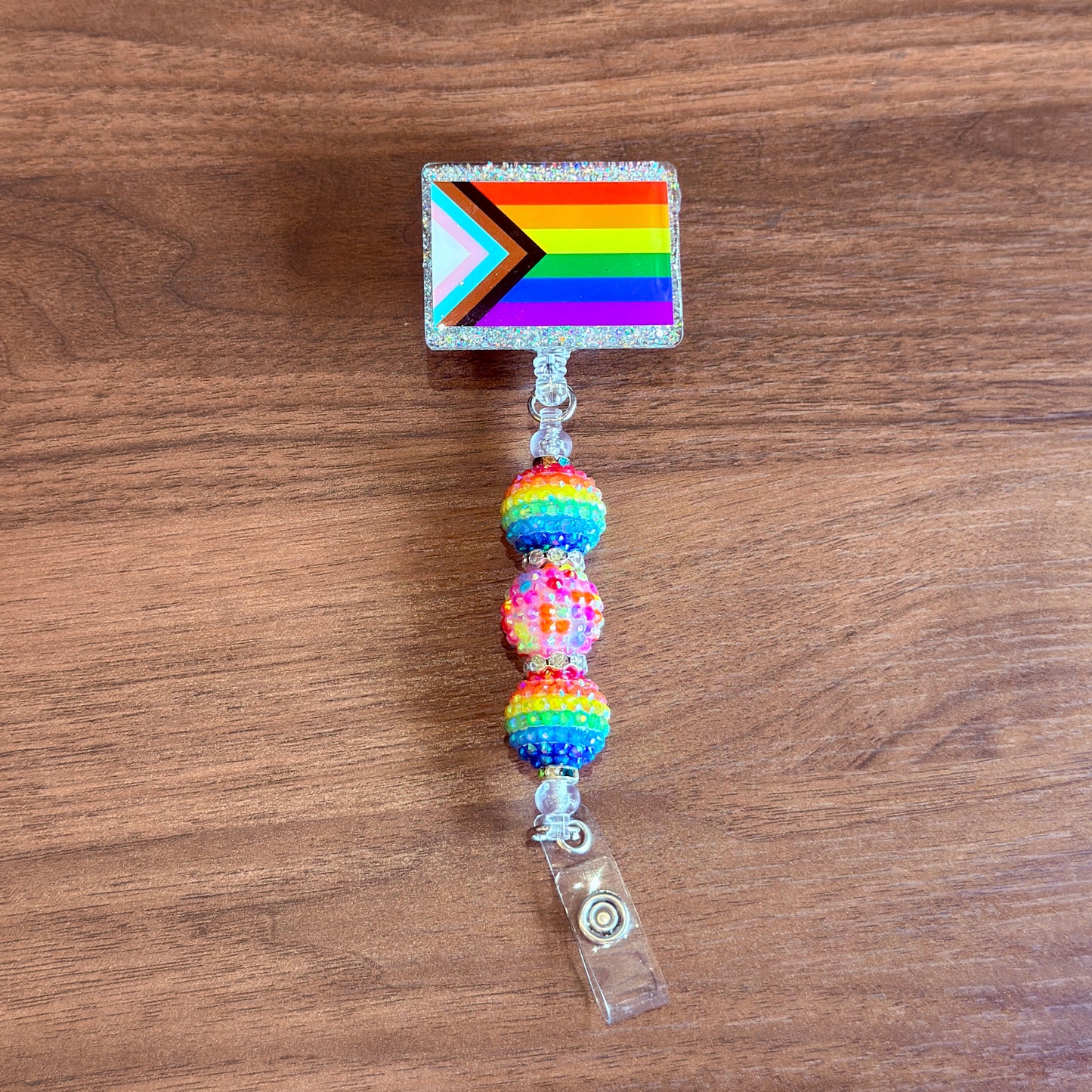 Rainbow Progress Pride Acrylic Beaded Badge Reel - LGBT Interchangeable ID Clip
