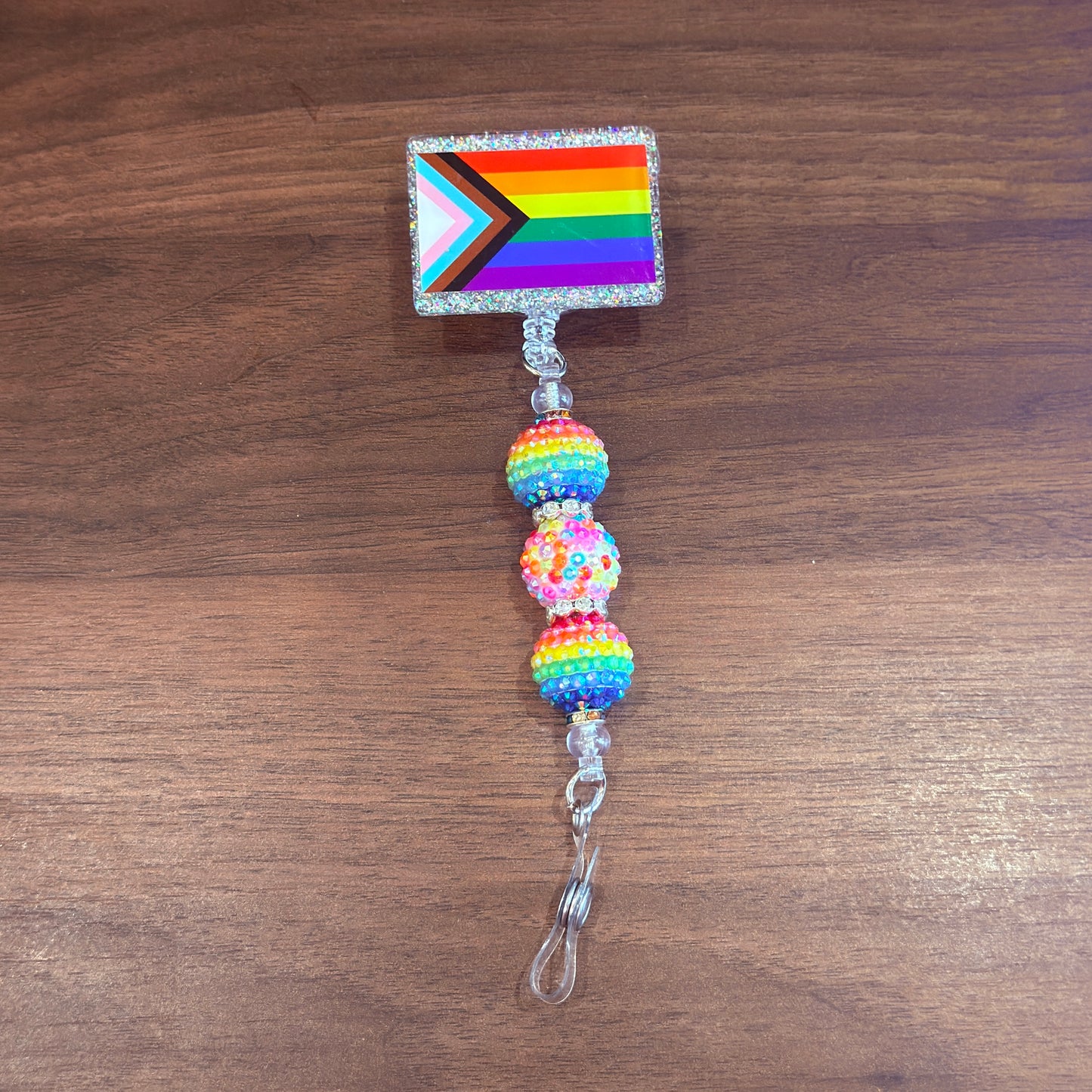 Rainbow Progress Pride Acrylic Beaded Badge Reel - LGBT Interchangeable ID Clip