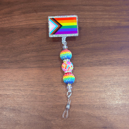 Rainbow Progress Pride Acrylic Beaded Badge Reel - LGBT Interchangeable ID Clip