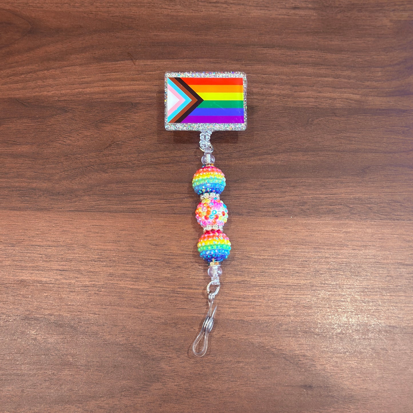 Rainbow Progress Pride Acrylic Beaded Badge Reel - LGBT Interchangeable ID Clip