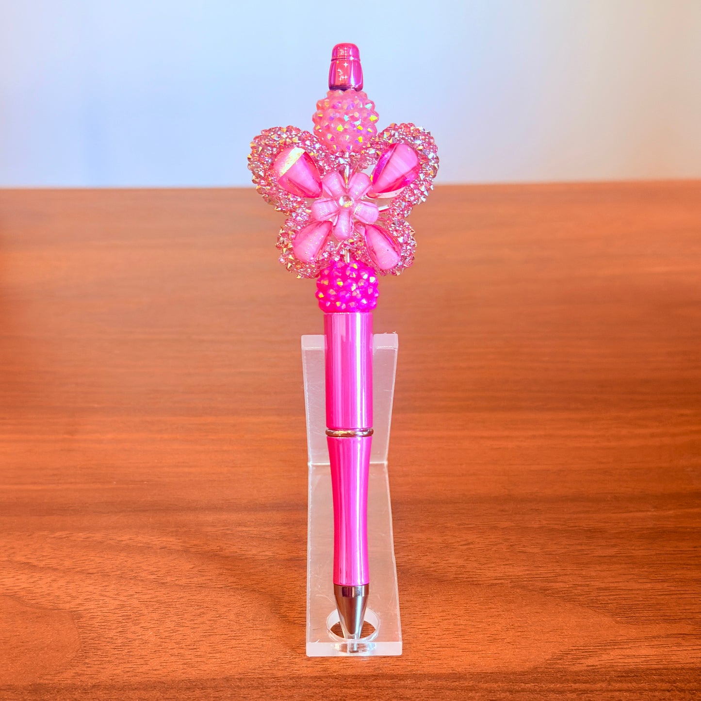Pink Rhinestone Butterfly Beaded Pen - Sparkly Desk Accessory
