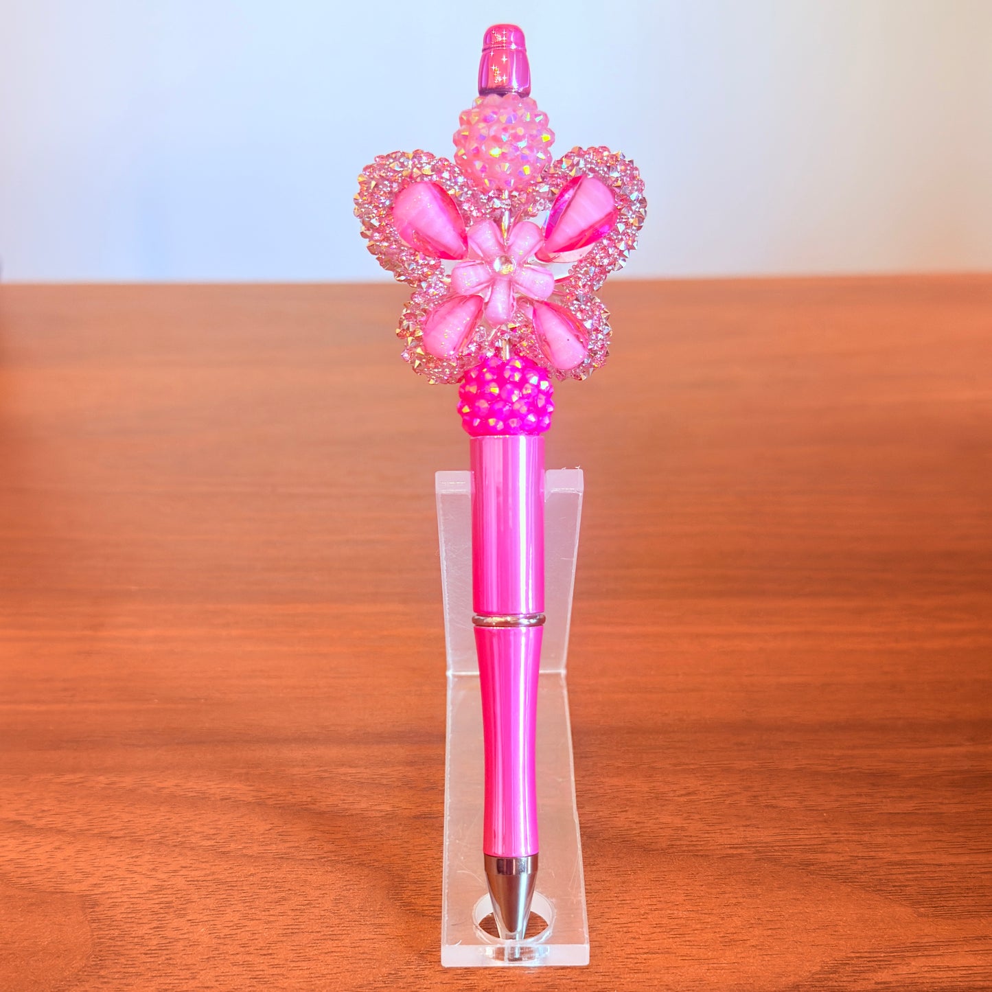 Pink Rhinestone Butterfly Beaded Pen - Sparkly Desk Accessory