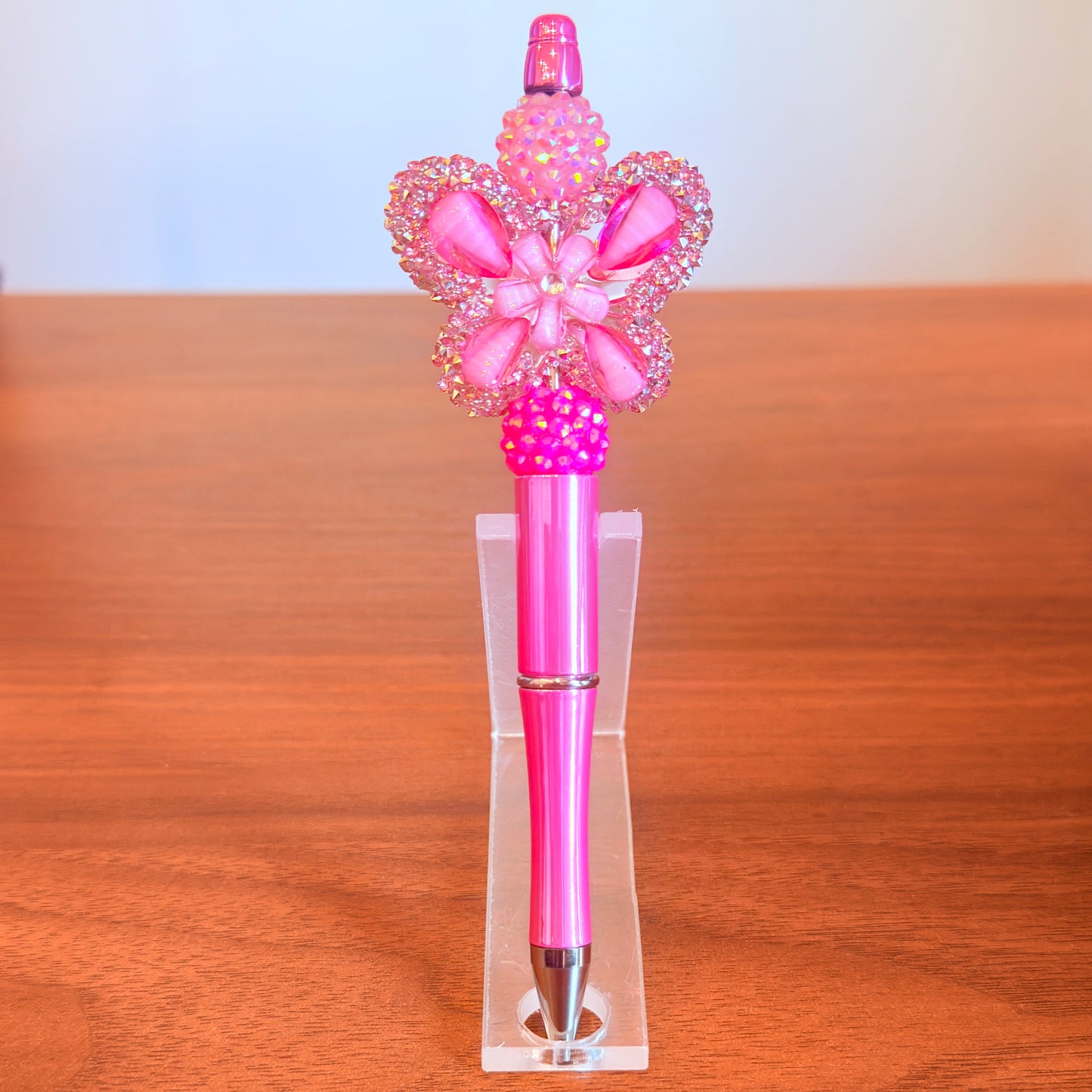 Pink Rhinestone Butterfly Beaded Pen - Sparkly Desk Accessory