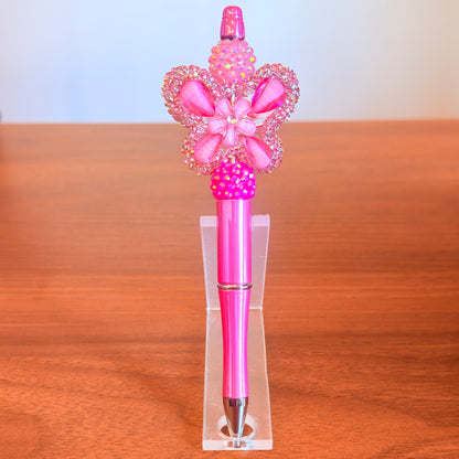 Pink Rhinestone Butterfly Beaded Pen - Sparkly Desk Accessory