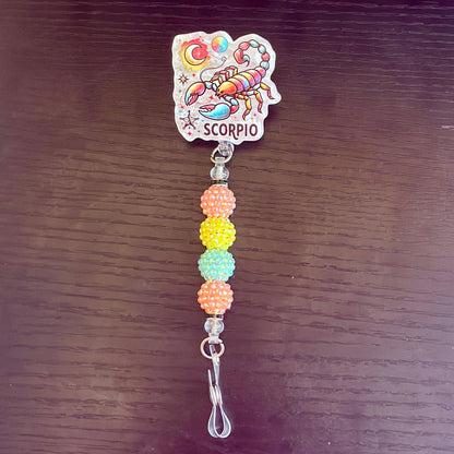 Scorpio Zodiac Rhinestone Badge Reel – Acrylic Beaded ID Holder | Swivel Alligator Clip | Retractable Nurse, Teacher & Office Badge Reel