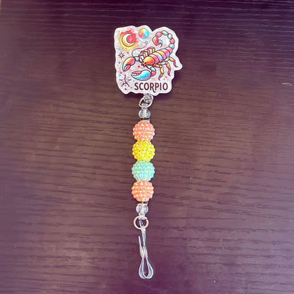 Scorpio Zodiac Rhinestone Badge Reel – Acrylic Beaded ID Holder | Swivel Alligator Clip | Retractable Nurse, Teacher & Office Badge Reel