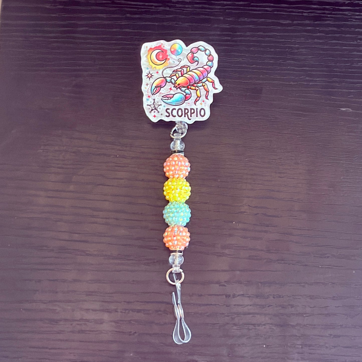 Scorpio Zodiac Rhinestone Badge Reel – Acrylic Beaded ID Holder | Swivel Alligator Clip | Retractable Nurse, Teacher & Office Badge Reel