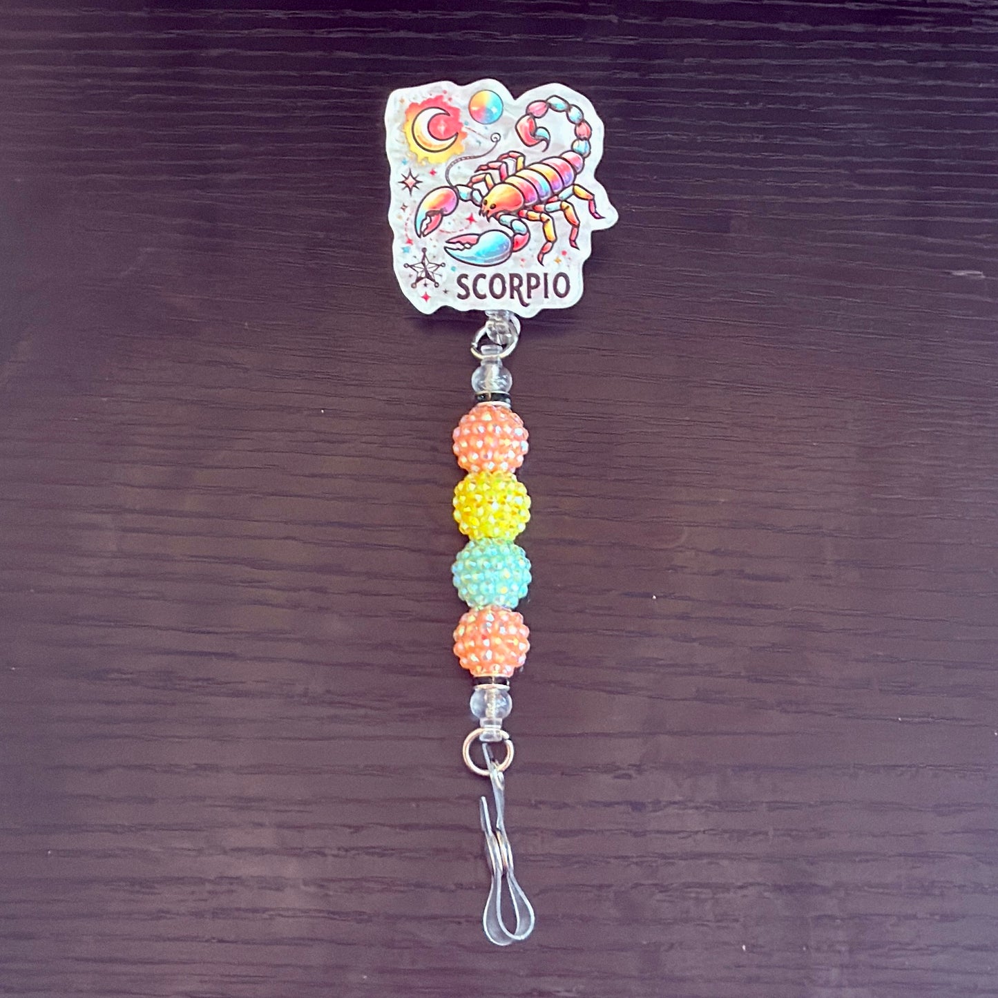 Scorpio Zodiac Rhinestone Badge Reel – Acrylic Beaded ID Holder | Swivel Alligator Clip | Retractable Nurse, Teacher & Office Badge Reel