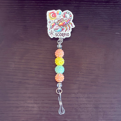 Scorpio Zodiac Rhinestone Badge Reel – Acrylic Beaded ID Holder | Swivel Alligator Clip | Retractable Nurse, Teacher & Office Badge Reel