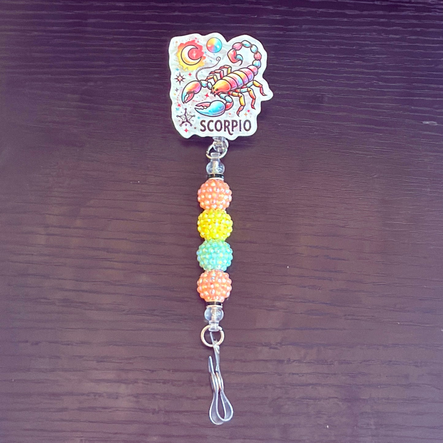 Scorpio Zodiac Rhinestone Badge Reel – Acrylic Beaded ID Holder | Swivel Alligator Clip | Retractable Nurse, Teacher & Office Badge Reel