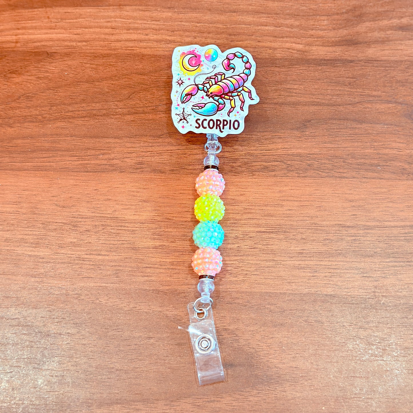 Scorpio Zodiac Rhinestone Badge Reel – Acrylic Beaded ID Holder | Swivel Alligator Clip | Retractable Nurse, Teacher & Office Badge Reel