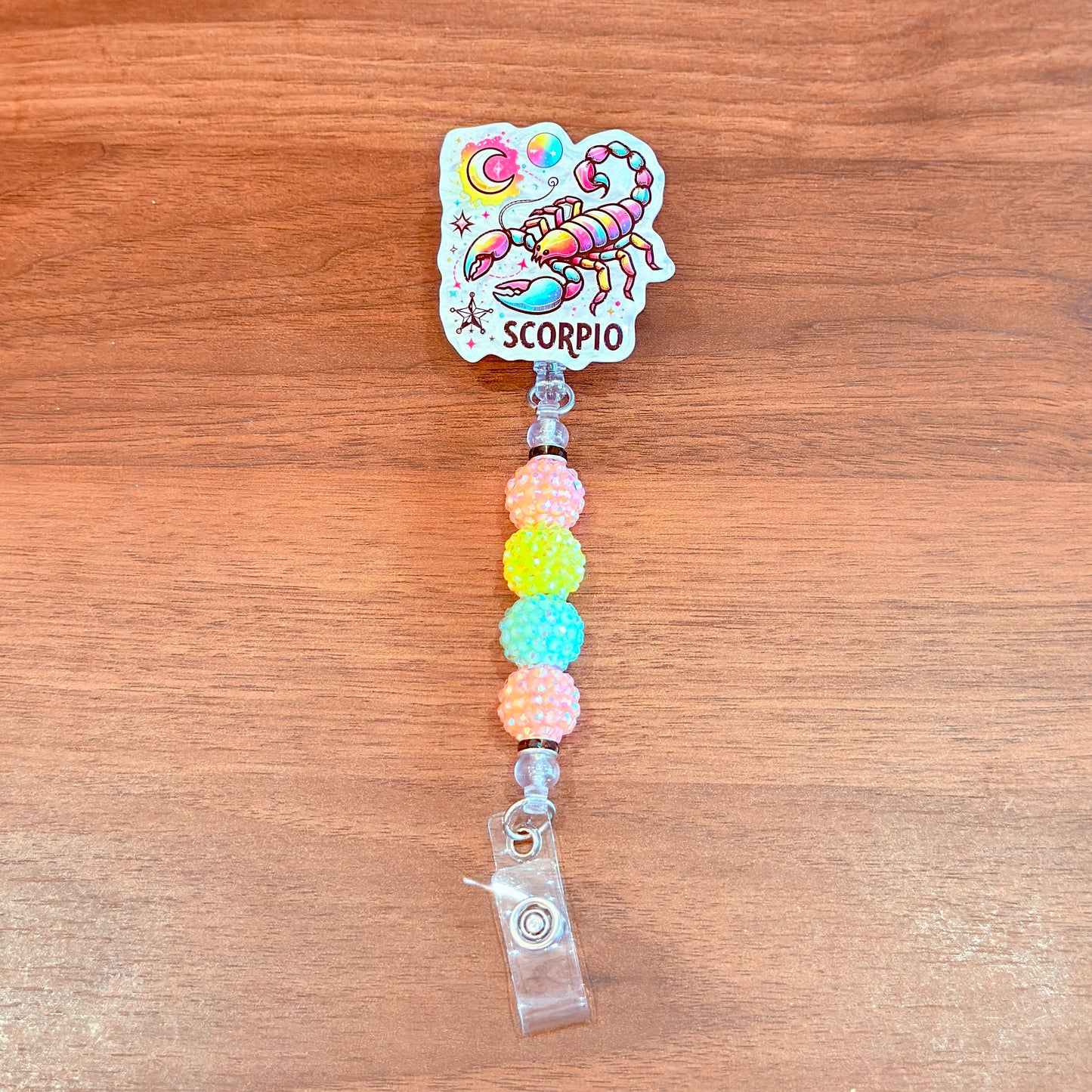 Scorpio Zodiac Rhinestone Badge Reel – Acrylic Beaded ID Holder | Swivel Alligator Clip | Retractable Nurse, Teacher & Office Badge Reel