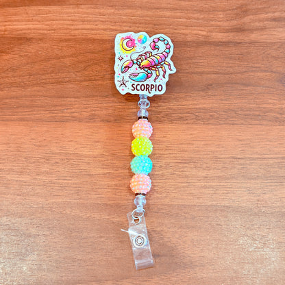 Scorpio Zodiac Rhinestone Badge Reel – Acrylic Beaded ID Holder | Swivel Alligator Clip | Retractable Nurse, Teacher & Office Badge Reel