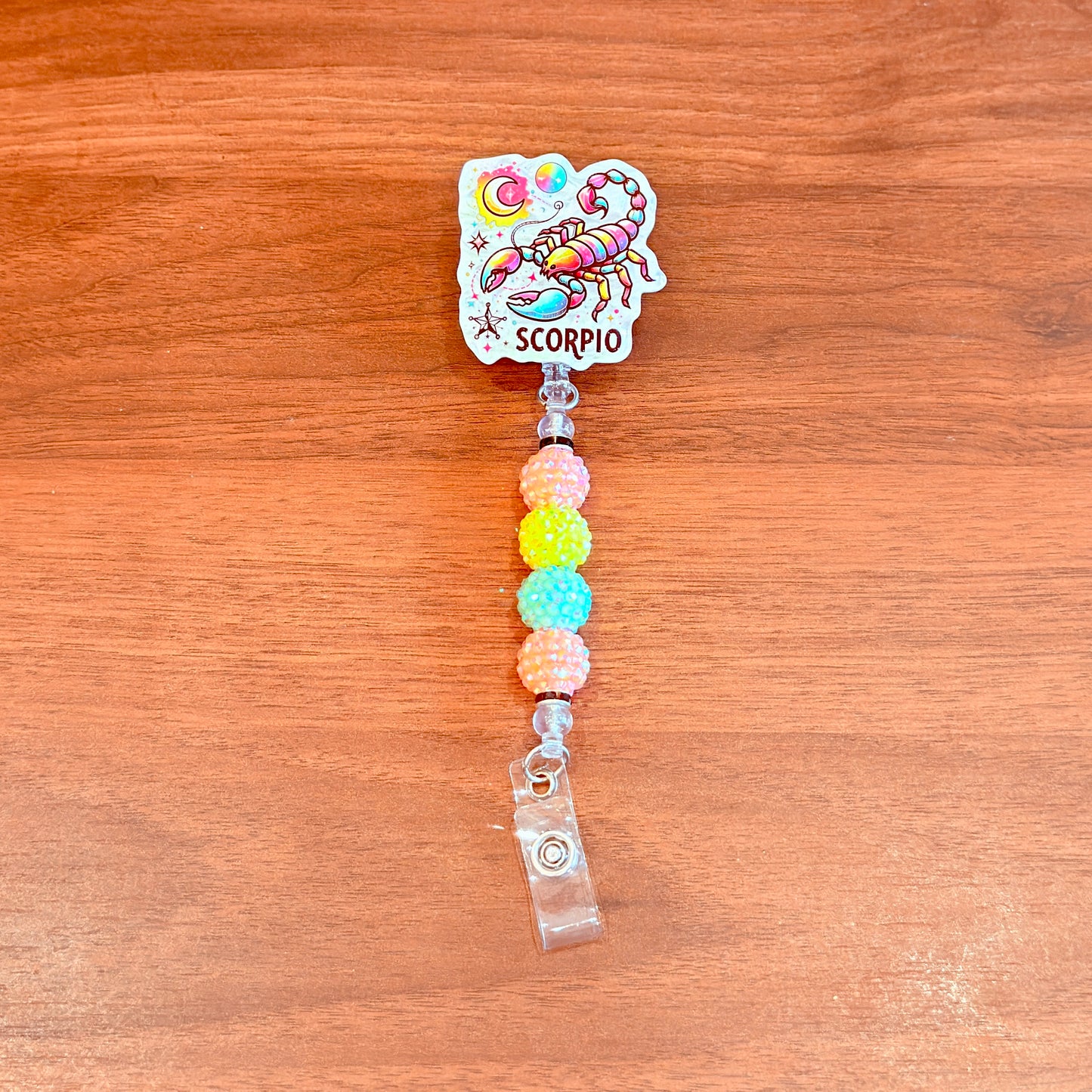 Scorpio Zodiac Rhinestone Badge Reel – Acrylic Beaded ID Holder | Swivel Alligator Clip | Retractable Nurse, Teacher & Office Badge Reel