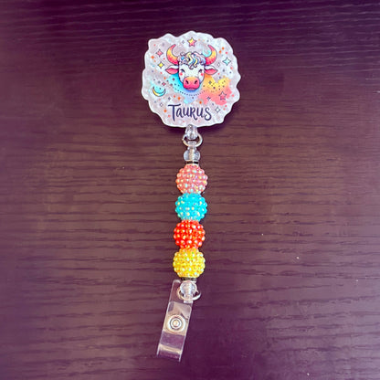 Taurus Zodiac Rhinestone Badge Reel – Acrylic Beaded ID Holder | Swivel Alligator Clip | Retractable Nurse, Teacher & Office Badge Reel