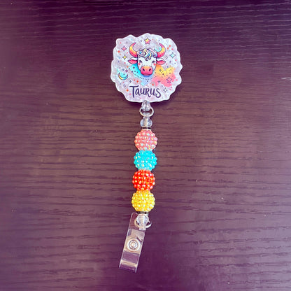 Taurus Zodiac Rhinestone Badge Reel – Acrylic Beaded ID Holder | Swivel Alligator Clip | Retractable Nurse, Teacher & Office Badge Reel