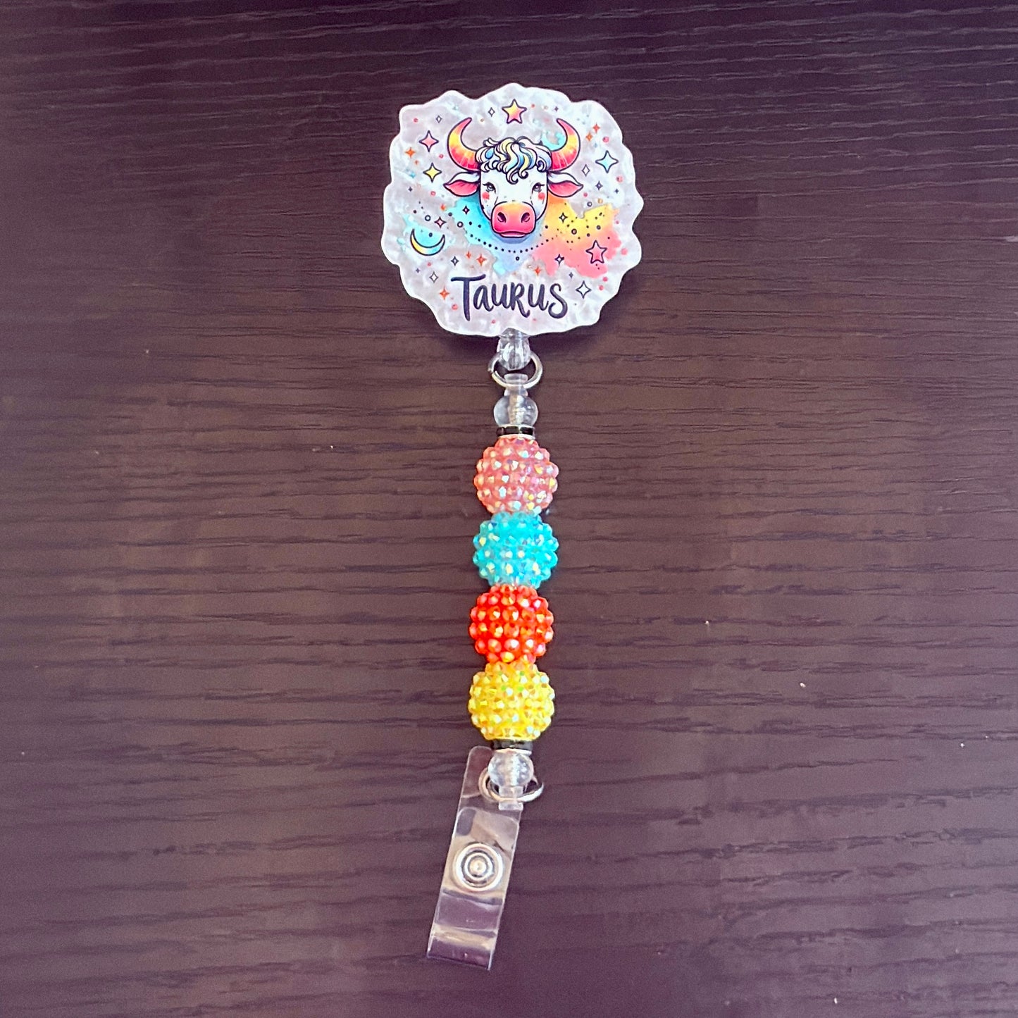 Taurus Zodiac Rhinestone Badge Reel – Acrylic Beaded ID Holder | Swivel Alligator Clip | Retractable Nurse, Teacher & Office Badge Reel