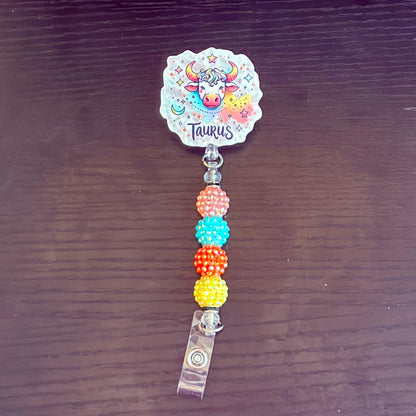 Taurus Zodiac Rhinestone Badge Reel – Acrylic Beaded ID Holder | Swivel Alligator Clip | Retractable Nurse, Teacher & Office Badge Reel