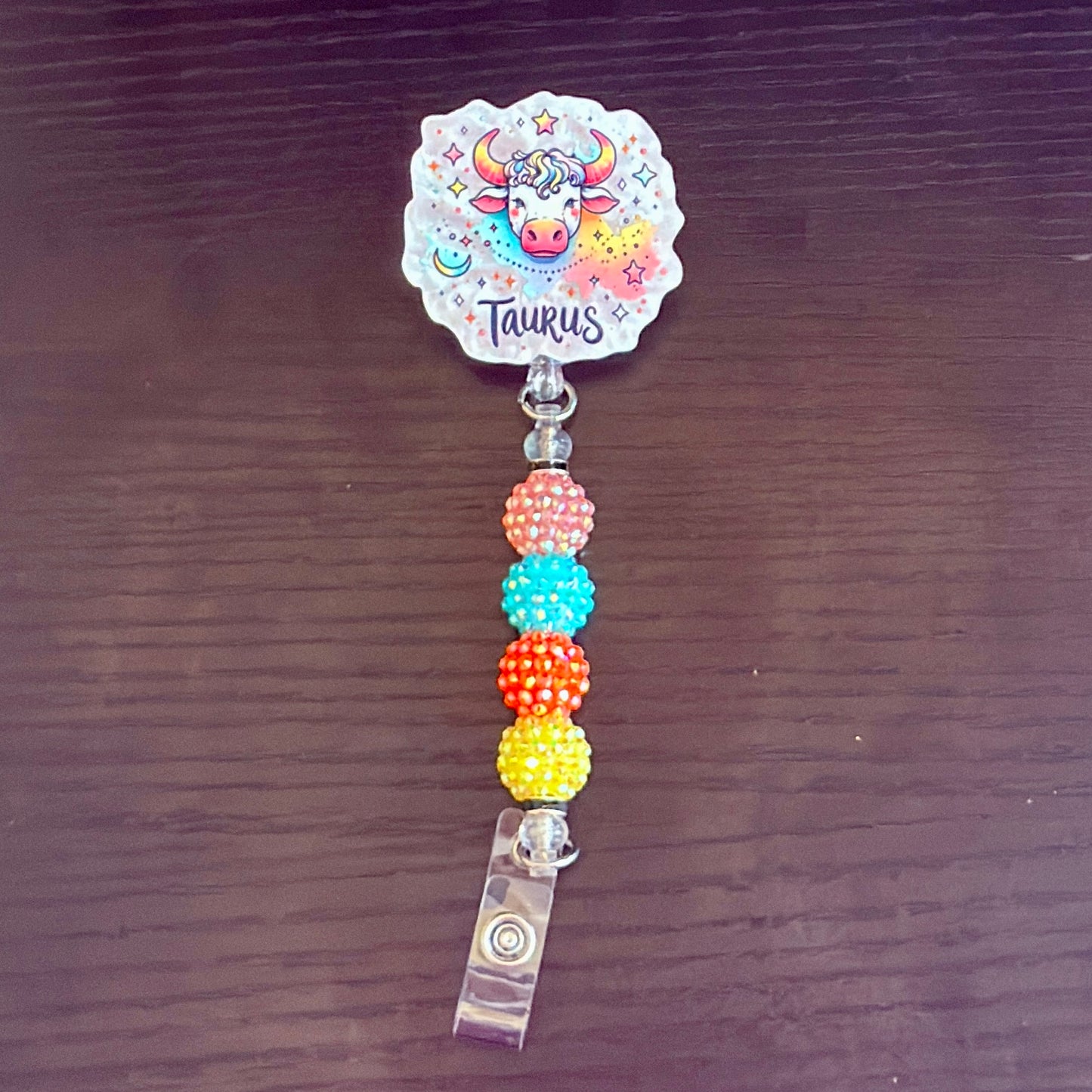 Taurus Zodiac Rhinestone Badge Reel – Acrylic Beaded ID Holder | Swivel Alligator Clip | Retractable Nurse, Teacher & Office Badge Reel