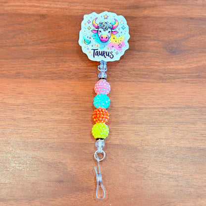 Taurus Zodiac Rhinestone Badge Reel – Acrylic Beaded ID Holder | Swivel Alligator Clip | Retractable Nurse, Teacher & Office Badge Reel
