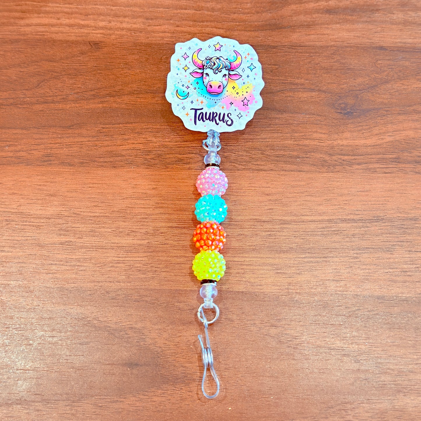 Taurus Zodiac Rhinestone Badge Reel – Acrylic Beaded ID Holder | Swivel Alligator Clip | Retractable Nurse, Teacher & Office Badge Reel