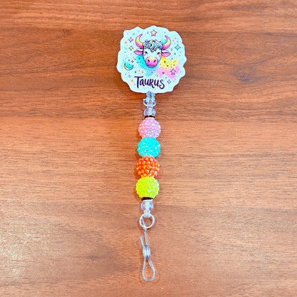 Taurus Zodiac Rhinestone Badge Reel – Acrylic Beaded ID Holder | Swivel Alligator Clip | Retractable Nurse, Teacher & Office Badge Reel