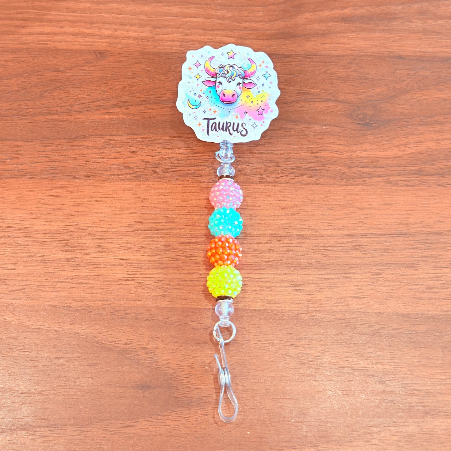 Taurus Zodiac Rhinestone Badge Reel – Acrylic Beaded ID Holder | Swivel Alligator Clip | Retractable Nurse, Teacher & Office Badge Reel