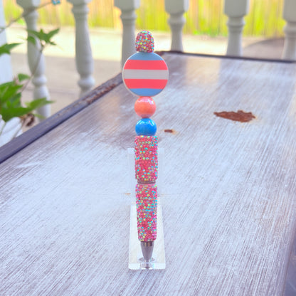 Trans Pride Rhinestone Beaded Pen | Super Sparkly Retractable Pen