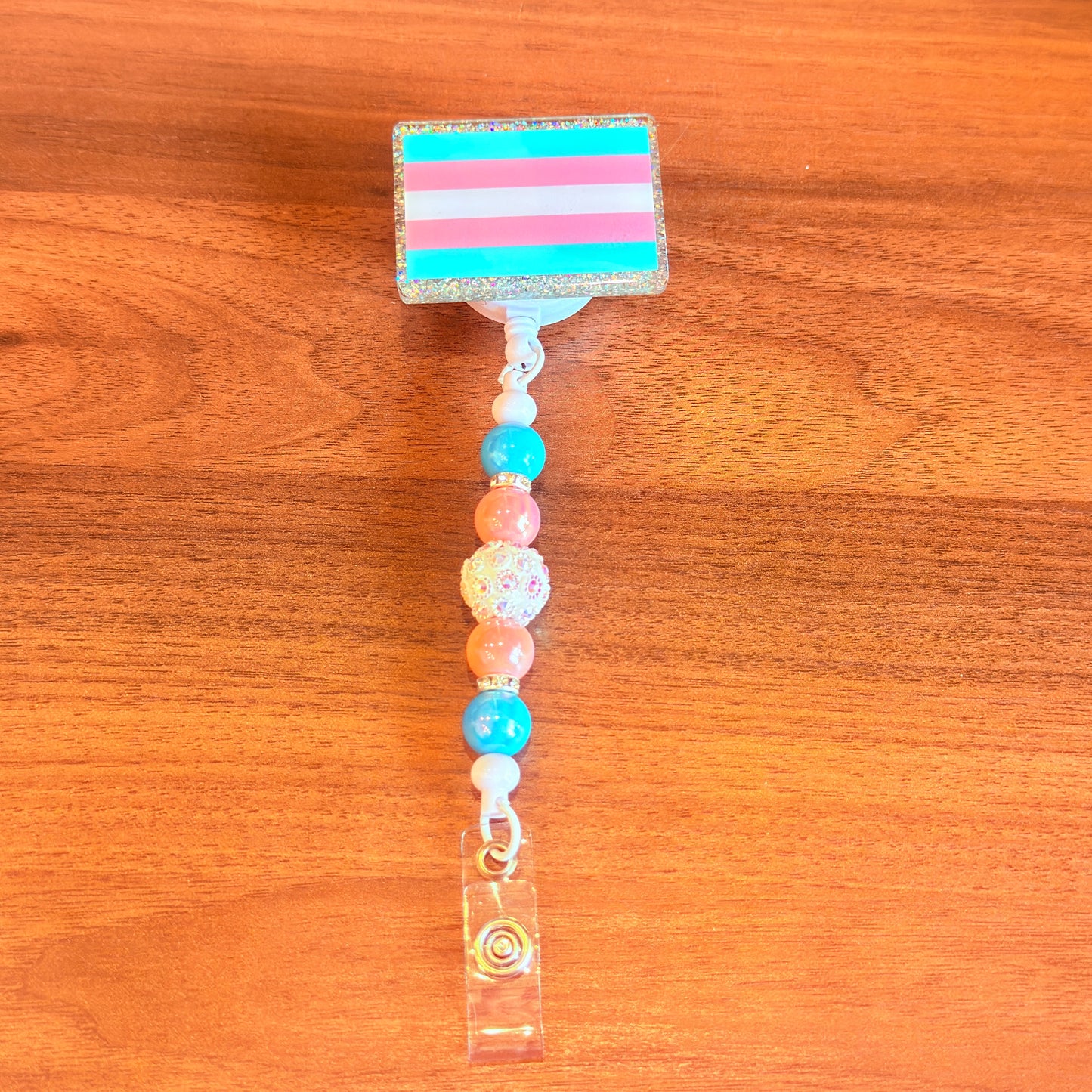 Trans Pride Beaded Badge Reel – Shine Loud, Shine Proud