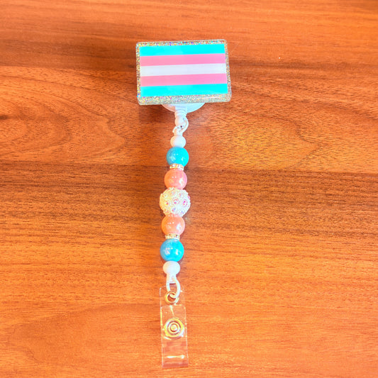 Trans Pride Beaded Badge Reel – Shine Loud, Shine Proud