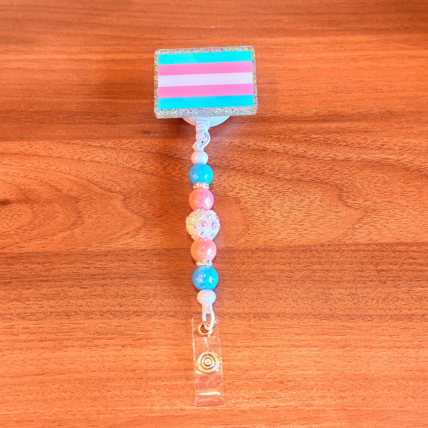 Trans Pride Beaded Badge Reel – Shine Loud, Shine Proud