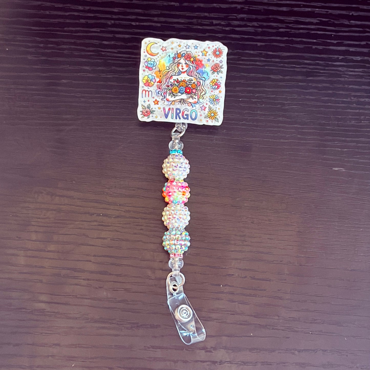 Virgo Zodiac Rhinestone Badge Reel – Acrylic Beaded ID Holder | Swivel Alligator Clip | Retractable Nurse, Teacher & Office Badge Reel