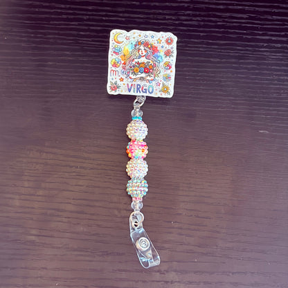Virgo Zodiac Rhinestone Badge Reel – Acrylic Beaded ID Holder | Swivel Alligator Clip | Retractable Nurse, Teacher & Office Badge Reel