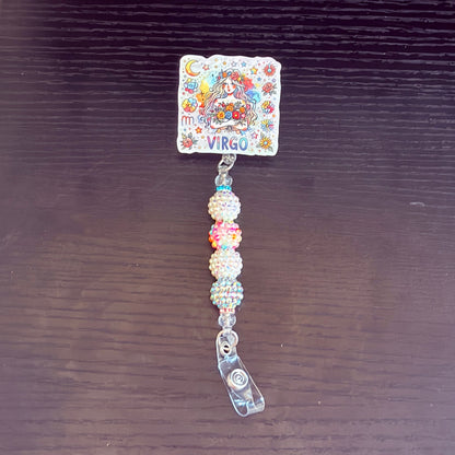 Virgo Zodiac Rhinestone Badge Reel – Acrylic Beaded ID Holder | Swivel Alligator Clip | Retractable Nurse, Teacher & Office Badge Reel