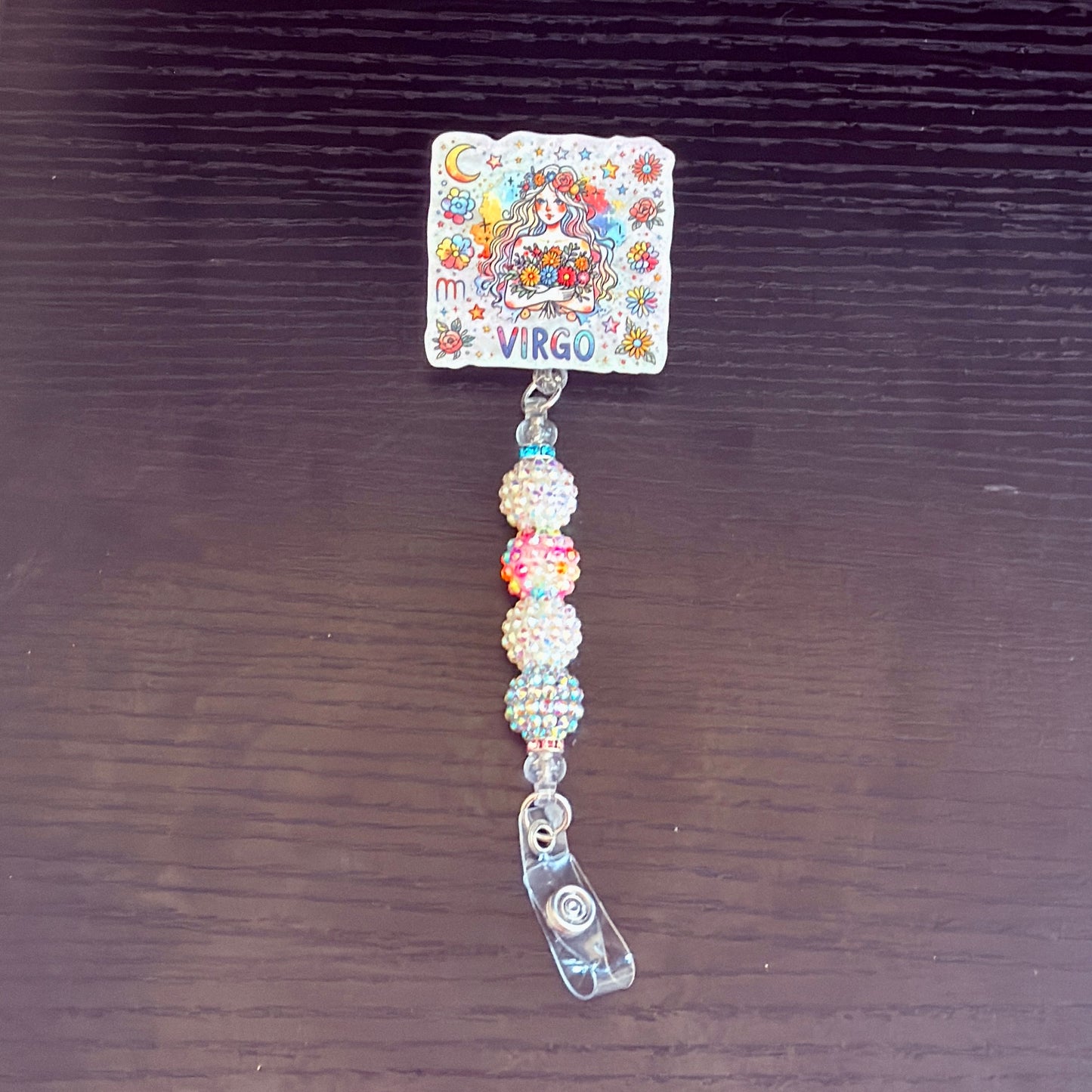 Virgo Zodiac Rhinestone Badge Reel – Acrylic Beaded ID Holder | Swivel Alligator Clip | Retractable Nurse, Teacher & Office Badge Reel