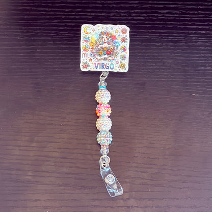 Virgo Zodiac Rhinestone Badge Reel – Acrylic Beaded ID Holder | Swivel Alligator Clip | Retractable Nurse, Teacher & Office Badge Reel
