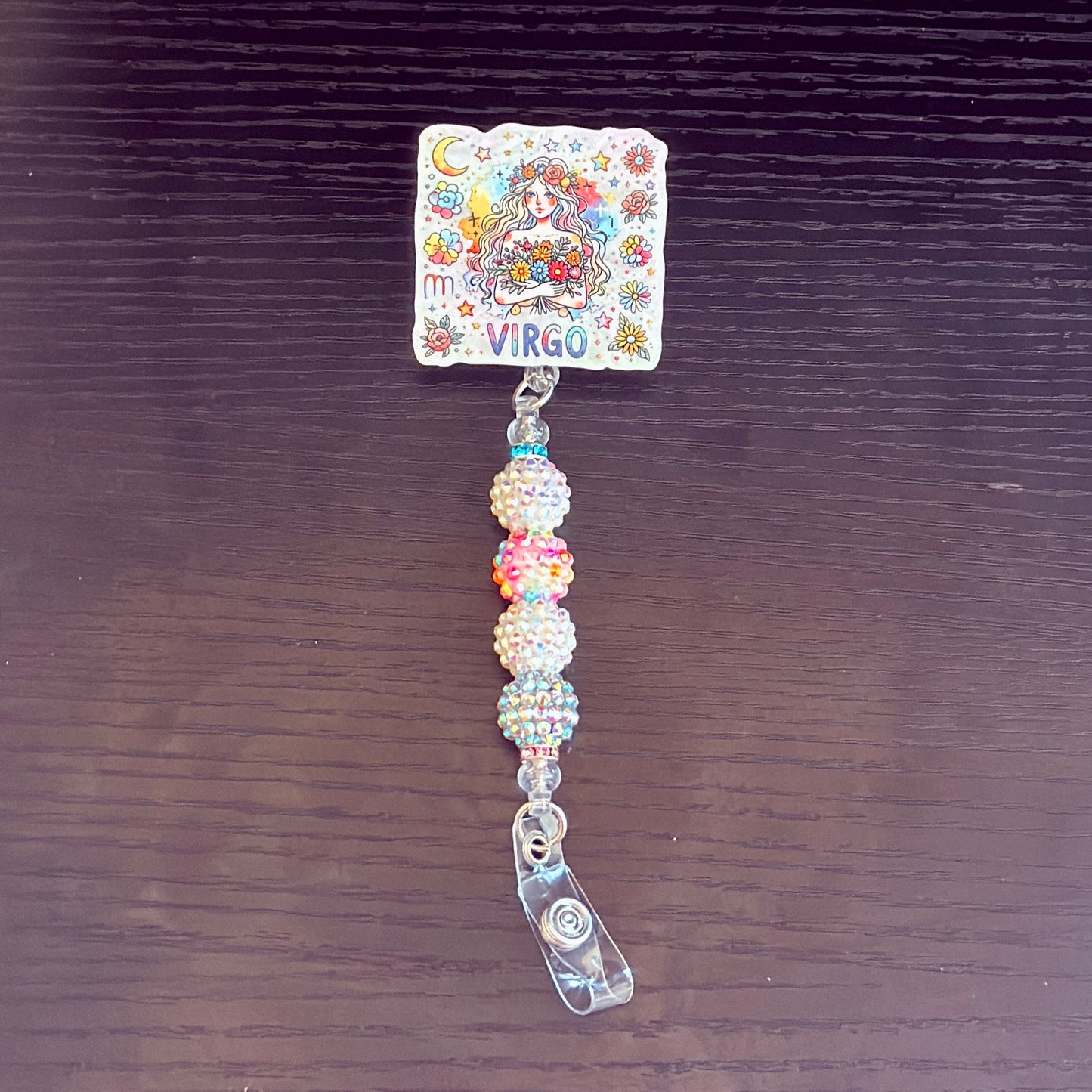 Virgo Zodiac Rhinestone Badge Reel – Acrylic Beaded ID Holder | Swivel Alligator Clip | Retractable Nurse, Teacher & Office Badge Reel