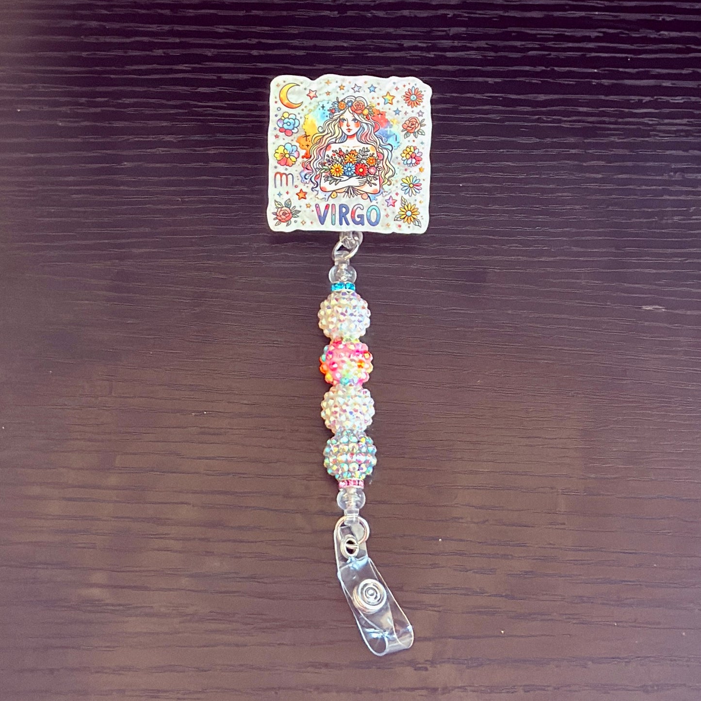 Virgo Zodiac Rhinestone Badge Reel – Acrylic Beaded ID Holder | Swivel Alligator Clip | Retractable Nurse, Teacher & Office Badge Reel