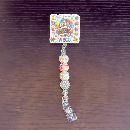 Virgo Zodiac Rhinestone Badge Reel – Acrylic Beaded ID Holder | Swivel Alligator Clip | Retractable Nurse, Teacher & Office Badge Reel