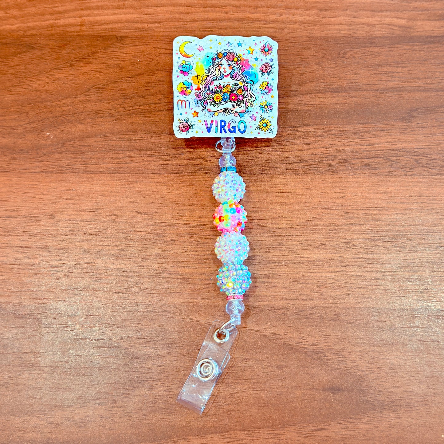 Virgo Zodiac Rhinestone Badge Reel – Acrylic Beaded ID Holder | Swivel Alligator Clip | Retractable Nurse, Teacher & Office Badge Reel