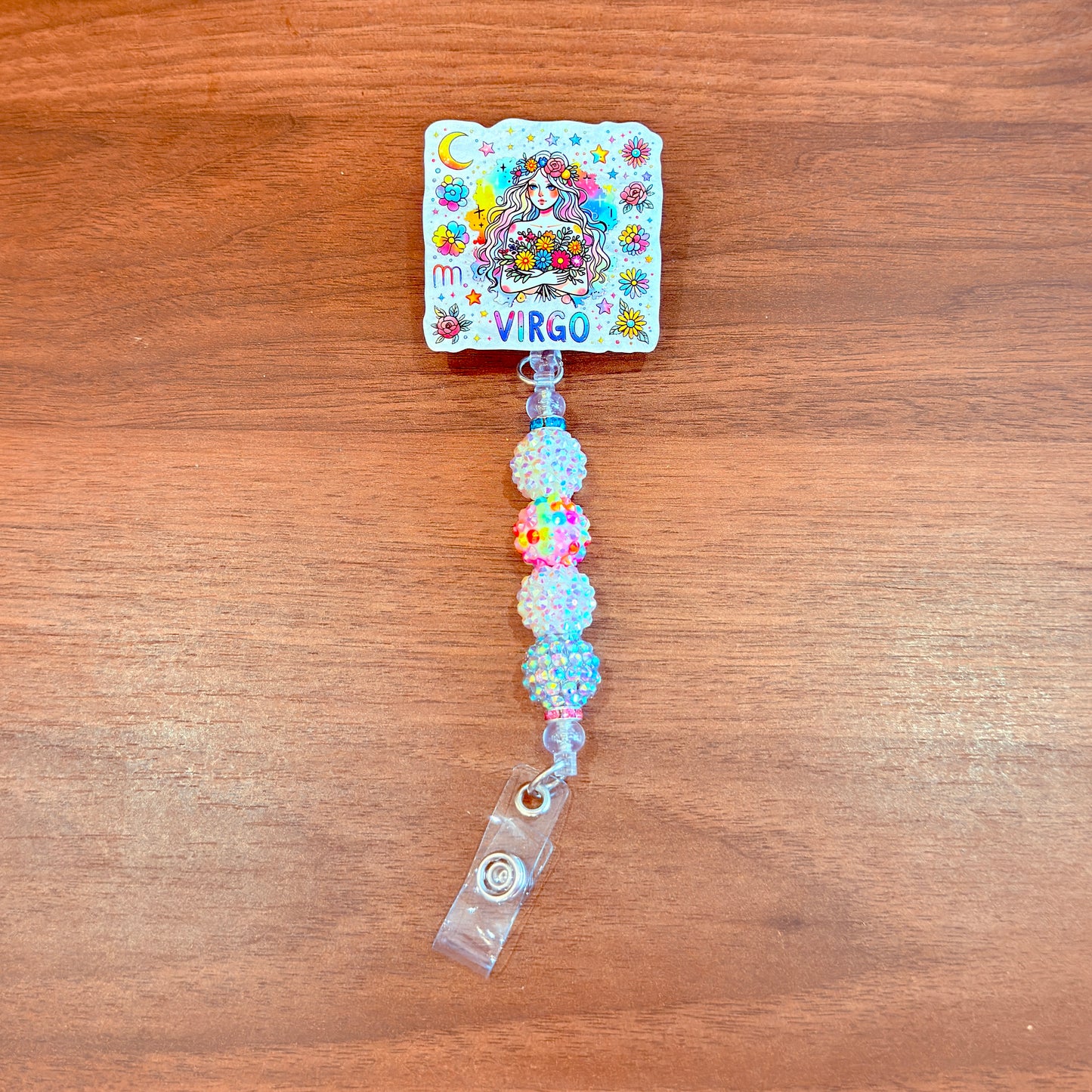 Virgo Zodiac Rhinestone Badge Reel – Acrylic Beaded ID Holder | Swivel Alligator Clip | Retractable Nurse, Teacher & Office Badge Reel