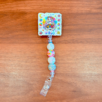 Virgo Zodiac Rhinestone Badge Reel – Acrylic Beaded ID Holder | Swivel Alligator Clip | Retractable Nurse, Teacher & Office Badge Reel