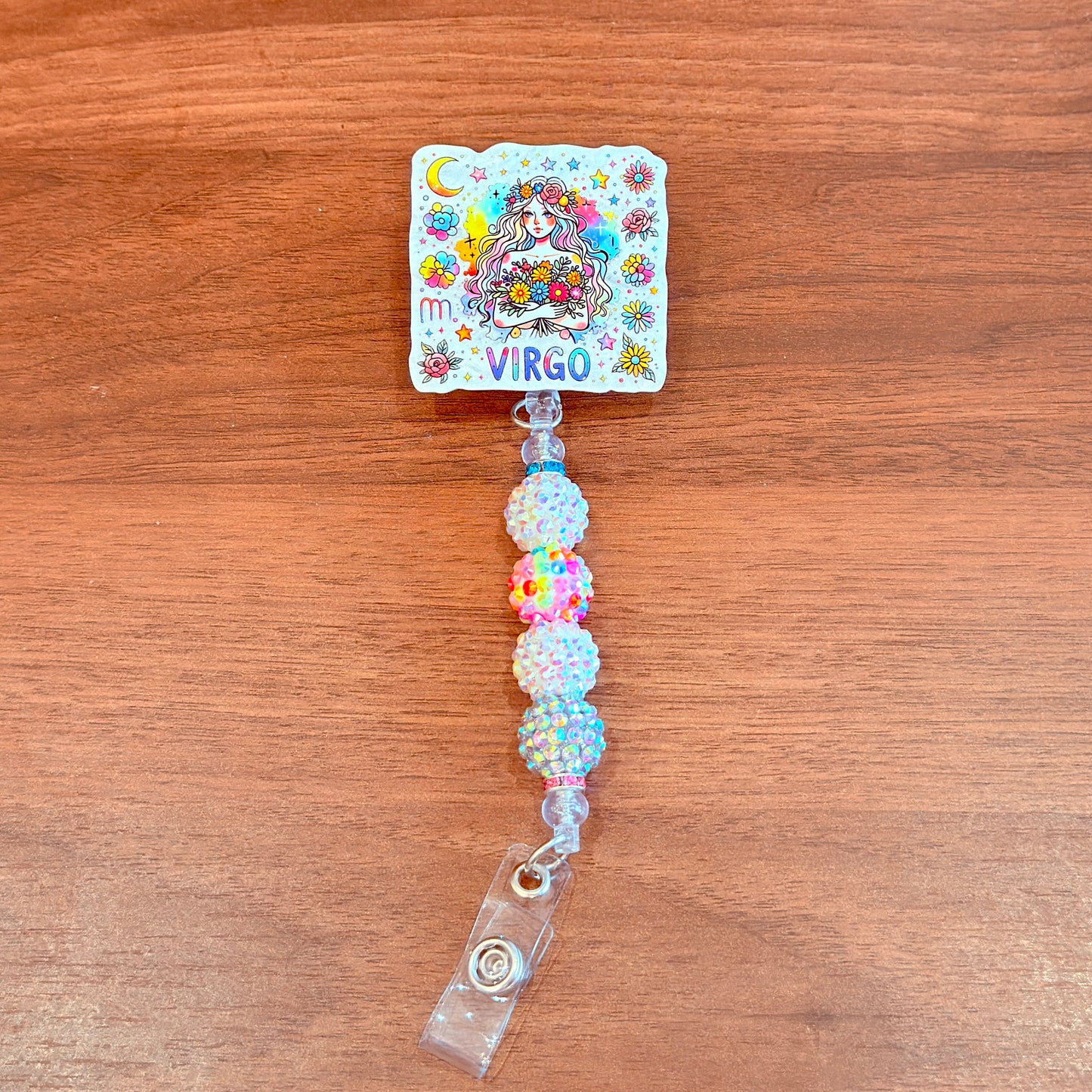 Virgo Zodiac Rhinestone Badge Reel – Acrylic Beaded ID Holder | Swivel Alligator Clip | Retractable Nurse, Teacher & Office Badge Reel