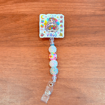 Virgo Zodiac Rhinestone Badge Reel – Acrylic Beaded ID Holder | Swivel Alligator Clip | Retractable Nurse, Teacher & Office Badge Reel